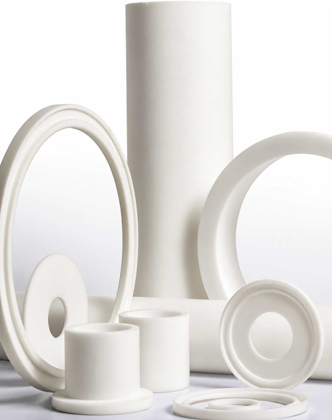 Off white Crossflon 605 polymer bearings, seals and machined components